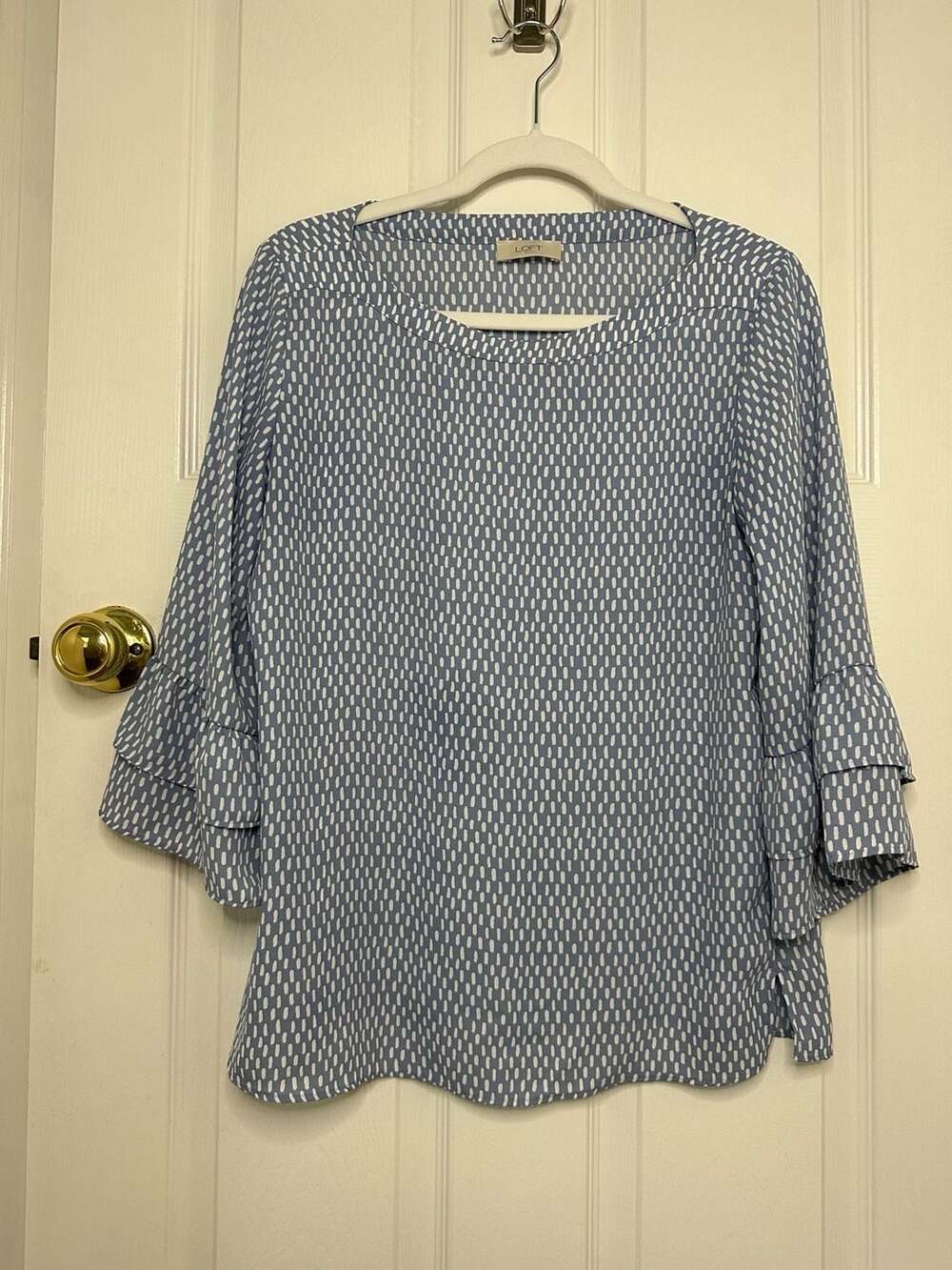 LOFT Outlet Womens Blouse Blue and White Dash Print Ruffle Sleeve Blouse